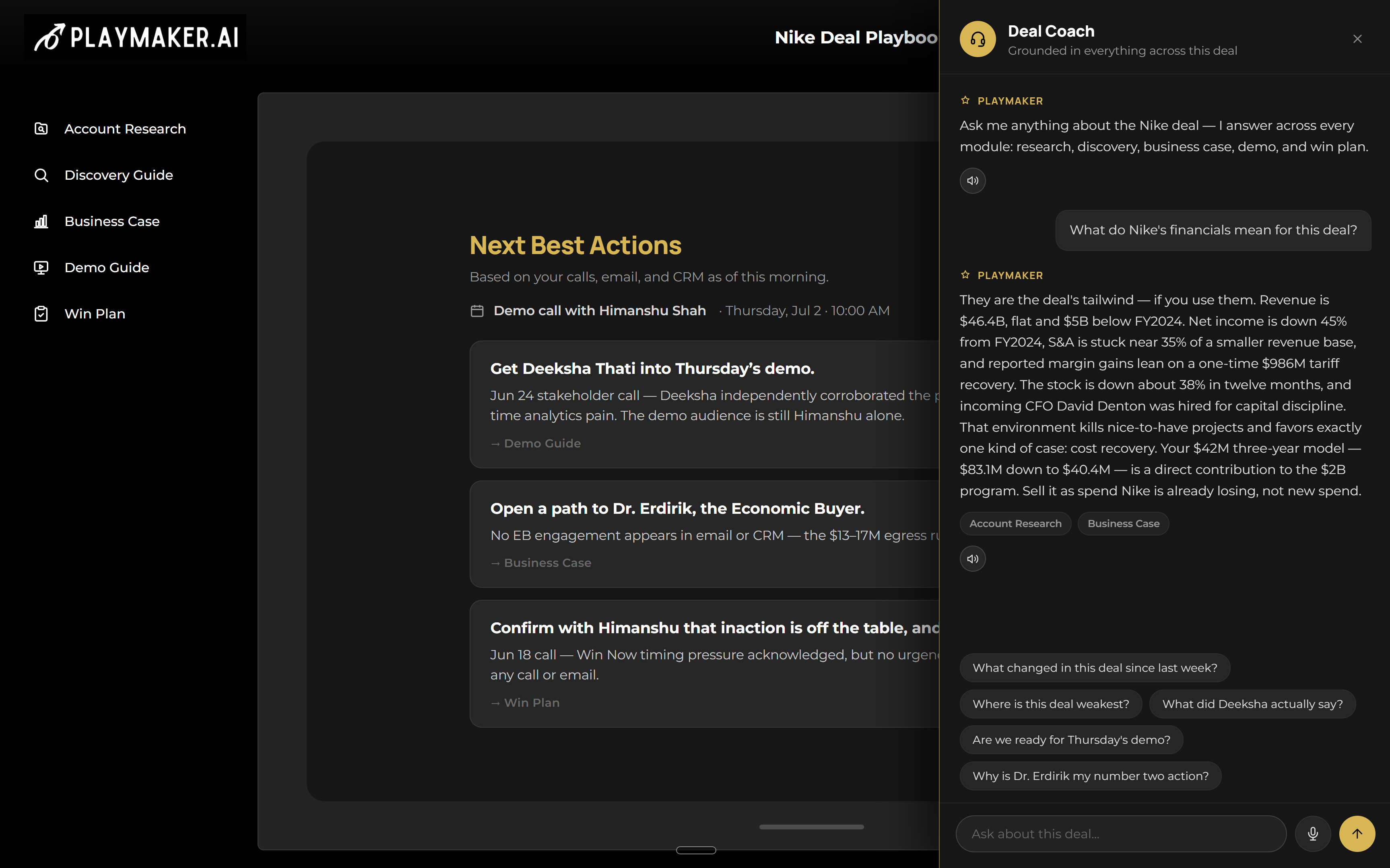 PlaymakerAI next best actions for the Nike deal alongside the Deal Coach assistant